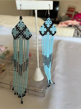 Light Blue and Black Beaded Fringe Earrings — Boho Chic Drop